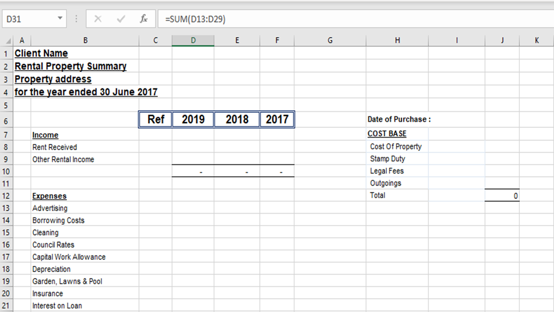 Ms excel document | rental summary zoomed to show formulas